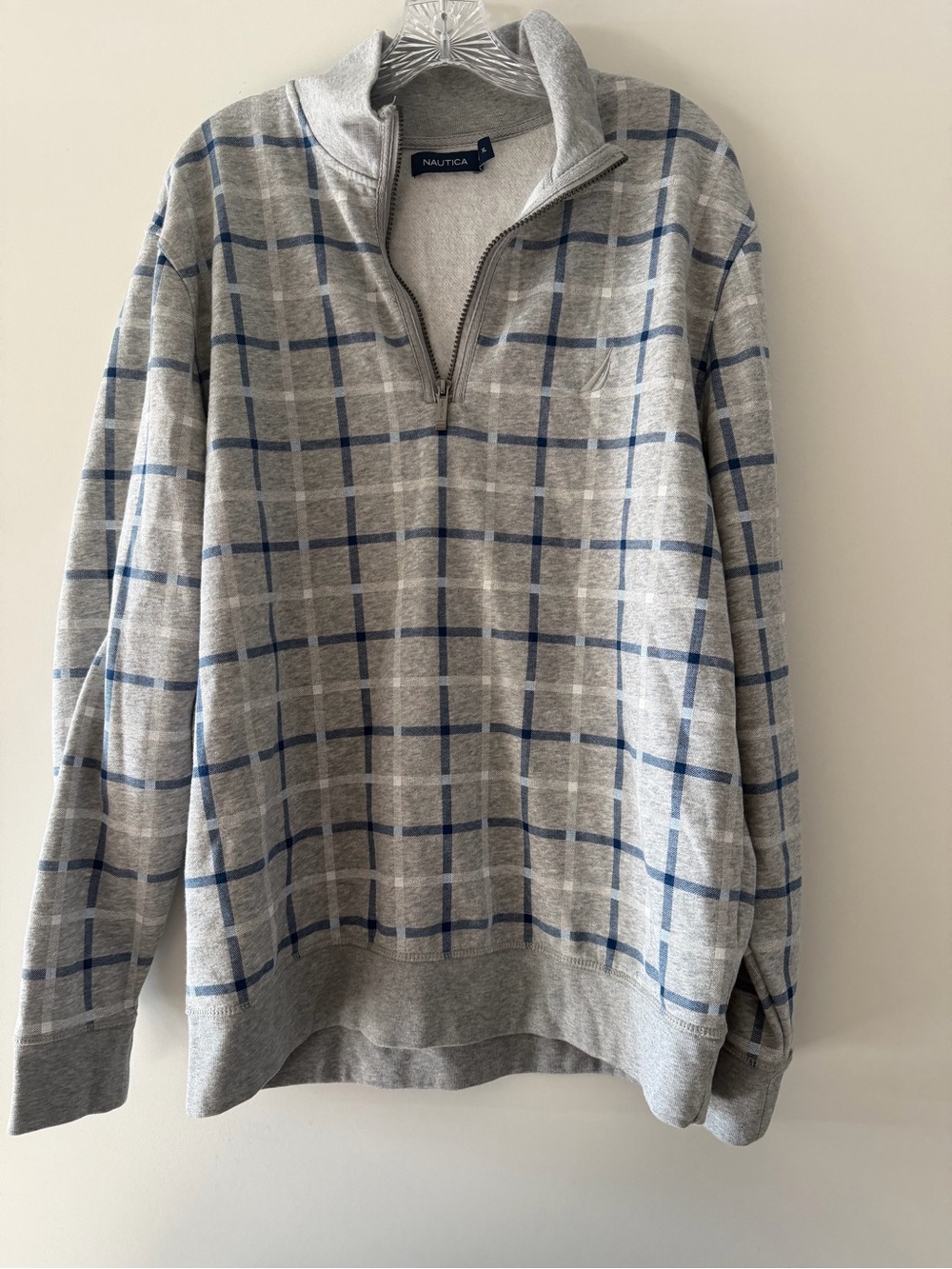Nautica Men's Gray Quarter-Zip Sweater with Blue Windowpane